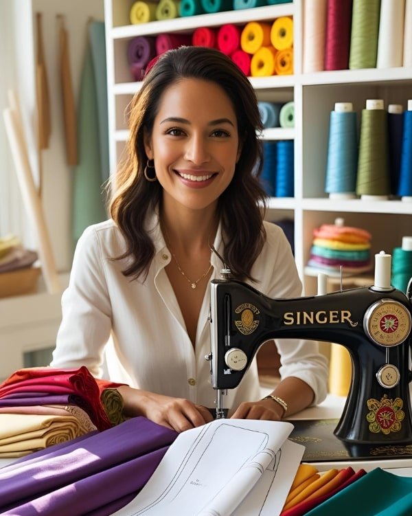 Costureira no ateliê com moldes de costura – Atacadão da Costura