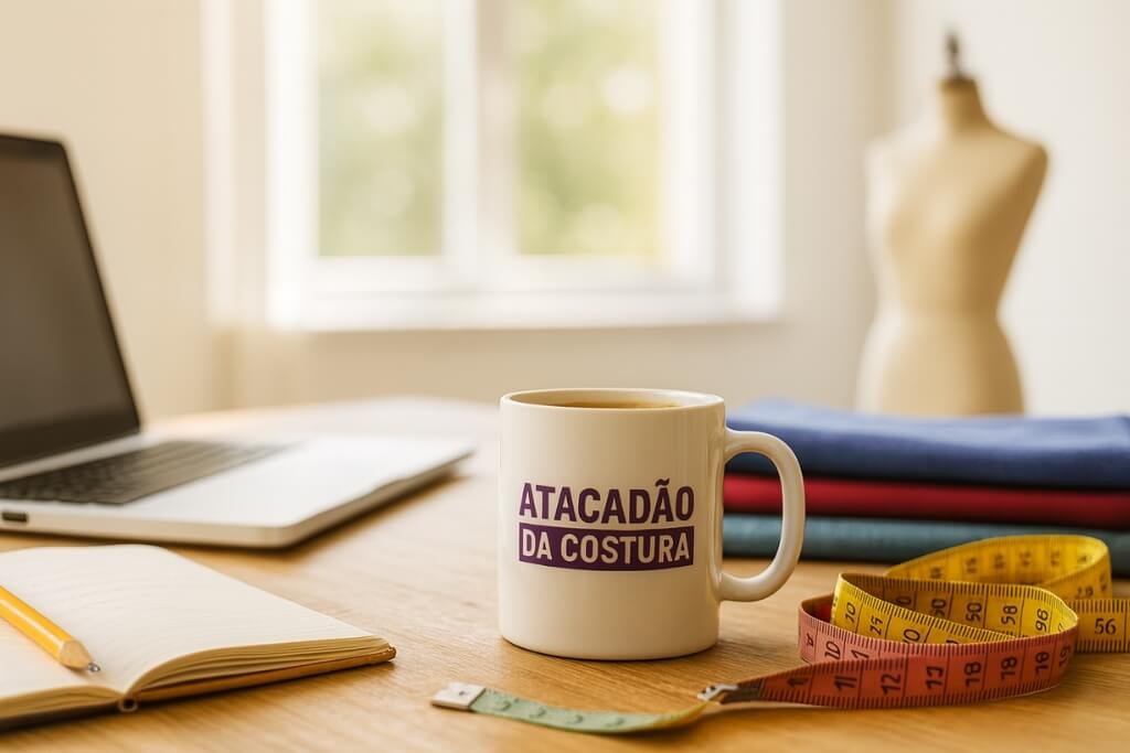 Mesa de costura iluminada pela luz natural com uma xícara branca escrita “Atacadão da Costura”, tecidos coloridos, fita métrica, caderno e laptop, representando o ambiente da equipe do Atacadão da Costura.