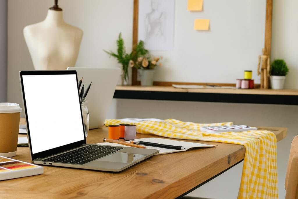 Notebook ao lado de um caderno com canetas em um ateliê de costura, representando a produção de conteúdo.