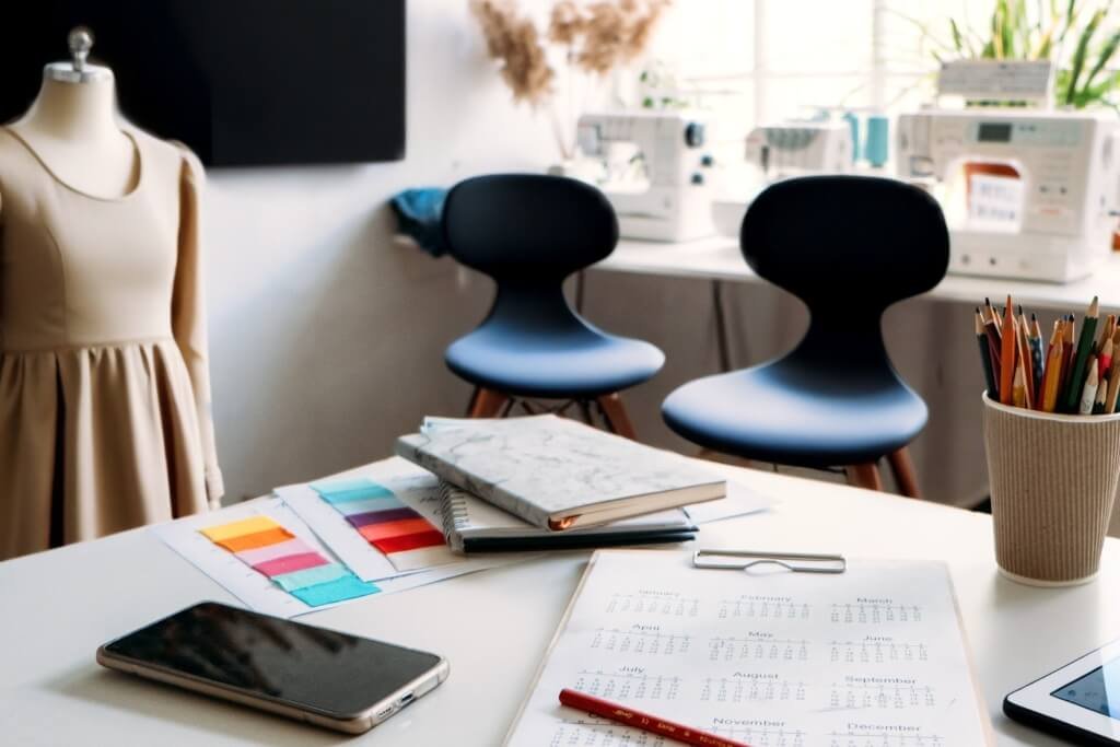 mesa de costura com smartphone, calendário e tablet, representando apoio tecnológico e revisão de conteúdo