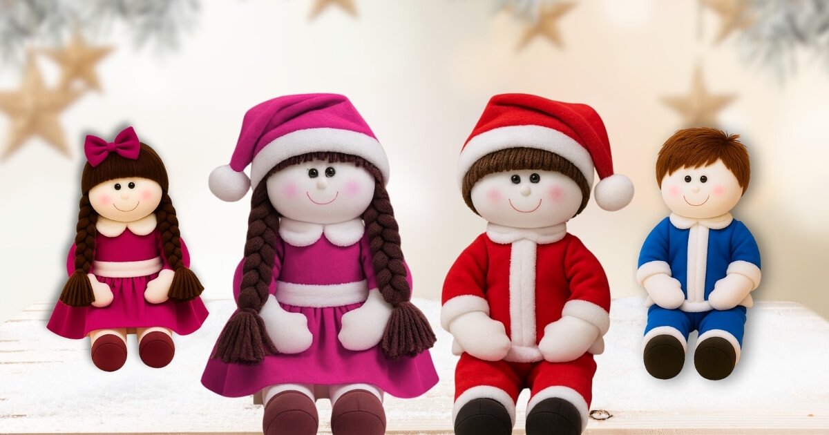 Molde de boneca de pano para imprimir: corpo completo, vestido, conjunto e touca natalina.