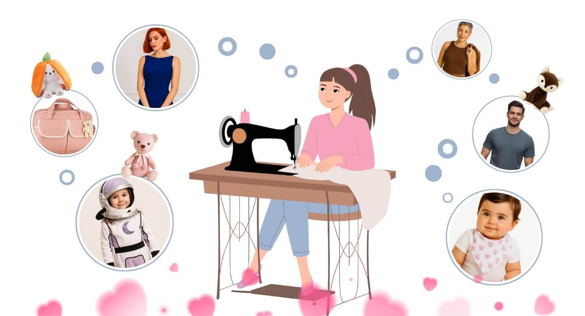 Moldes para costura e projetos criativos ao redor de costureira usando máquina de costura, representando a variedade de ideias do Atacadão da Costura.