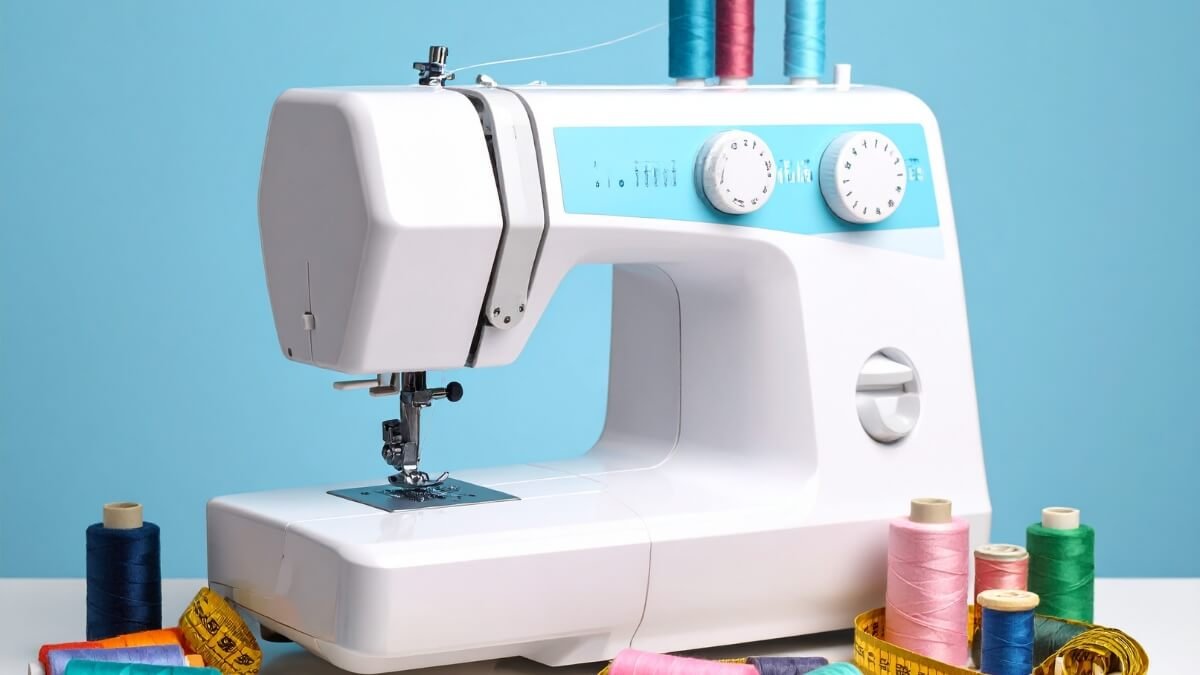Máquina de costura sobre uma mesa de ateliê