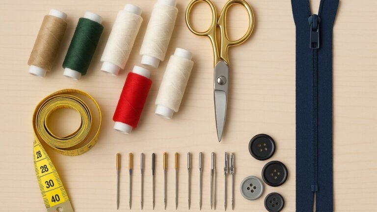 Bancada com materiais de costura: tesoura, linha, trena, botões, zíper, agulhas