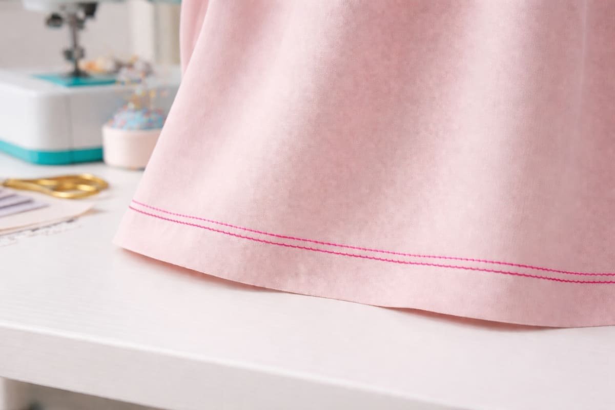 Mesa de atelie mostrando um vestido com bainha, para exemplificar como fazer bainha em malha na máquina doméstica
