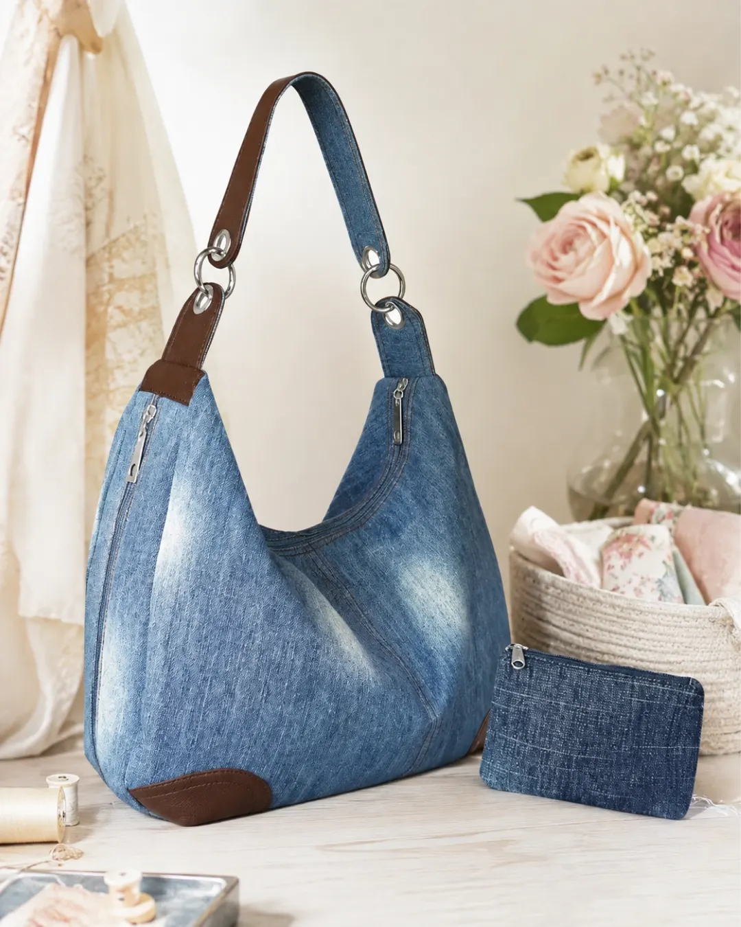 Bolsa feminina azul em tecido com alças e bolso externo