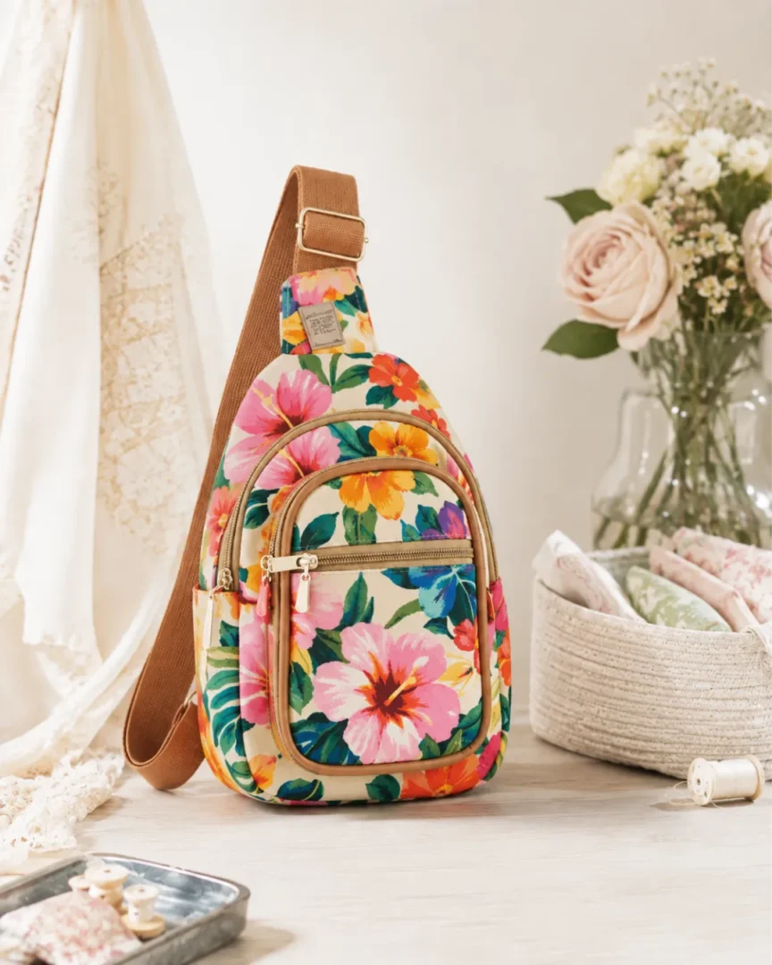 Mochila de alça única em tecido estampado colorido