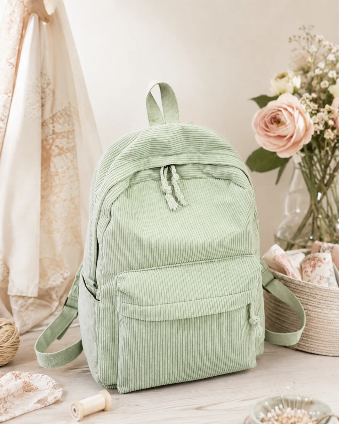 Mochila casual verde-clara em tecido com bolsos externos