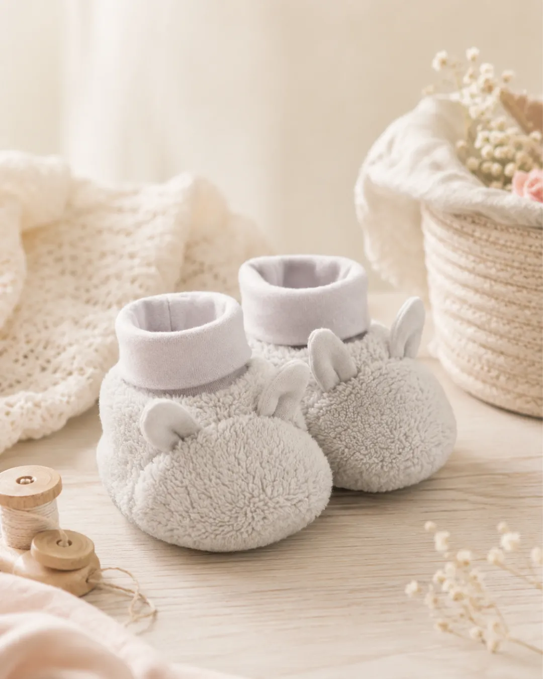 Pantufas de bebê em tecido claro para projeto de costura